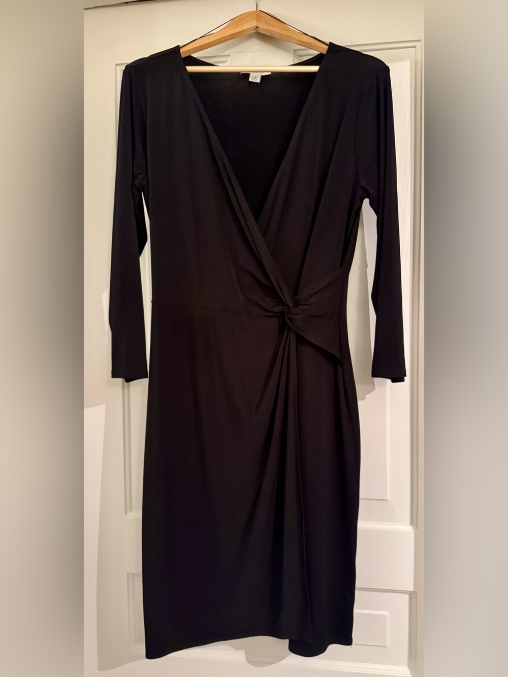 Dressbarn Black Long-Sleeve Faux Wrap Knot Midi Dress